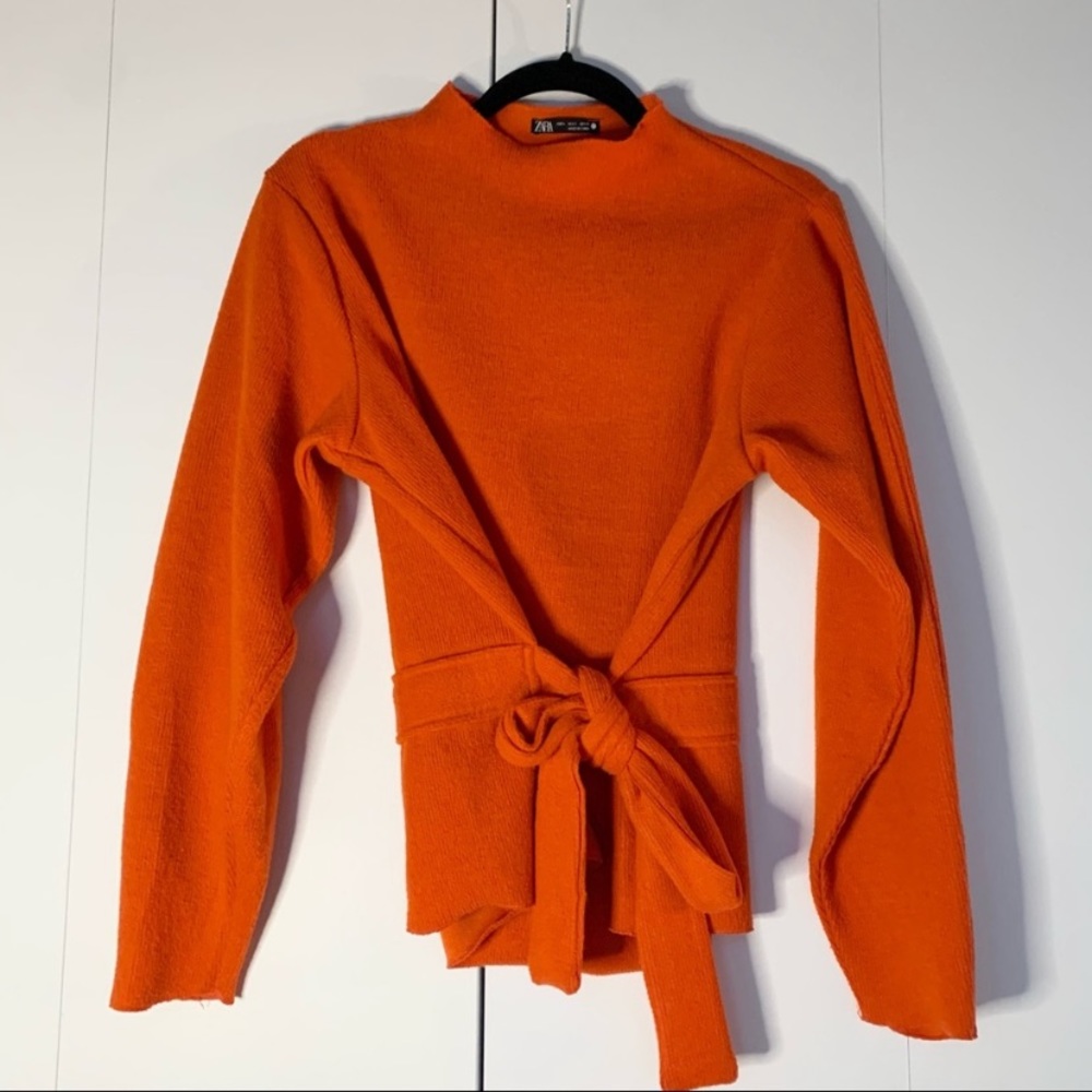 Zara orange mock neck sweater with tie